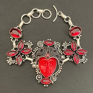 Sterling Silver Goddess Bracelet Rhinestone Red Face Mask Adjustable Size